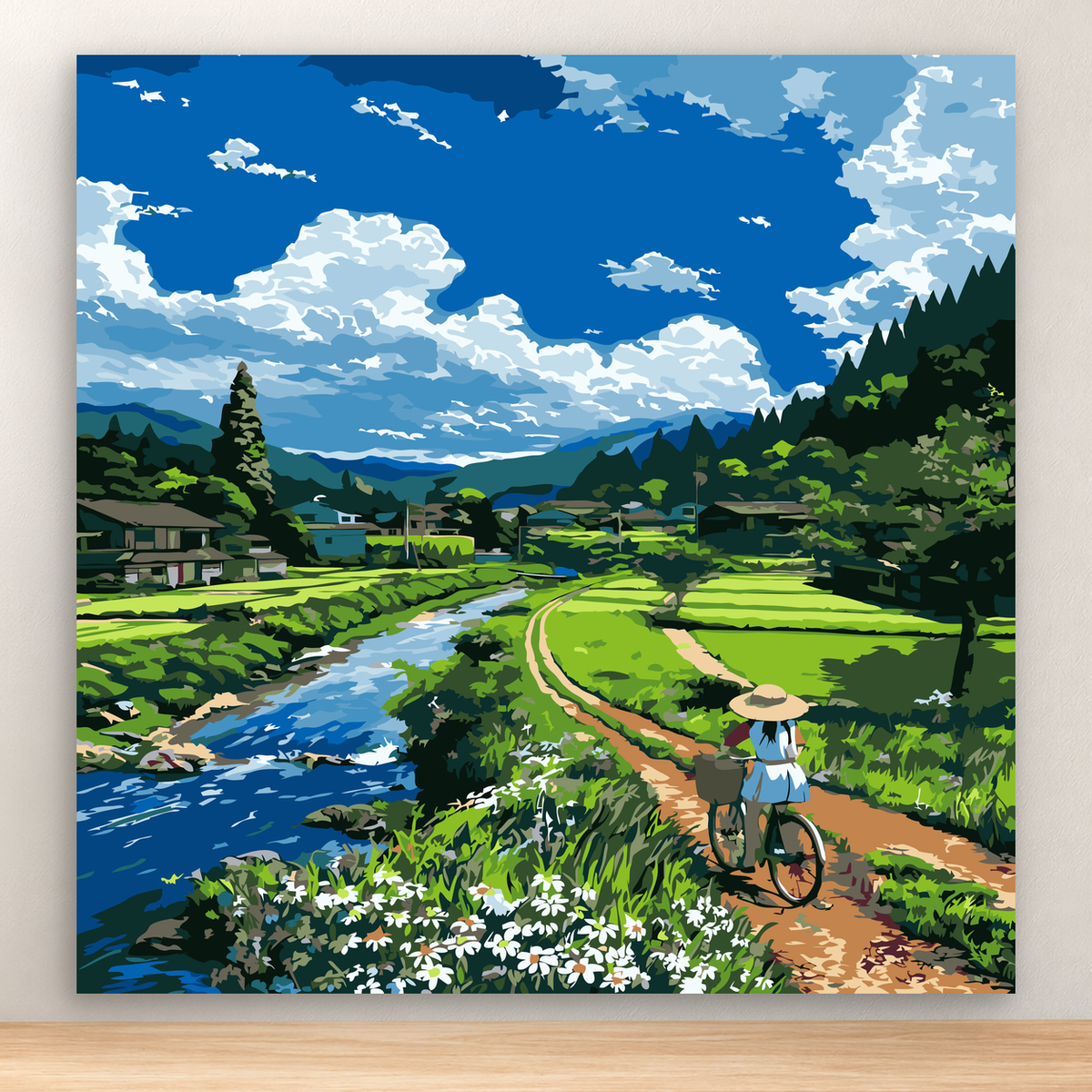 Cyclist walking a bicycle on a flower-lined valley path beneath dramatic clouds, 20x20 cm