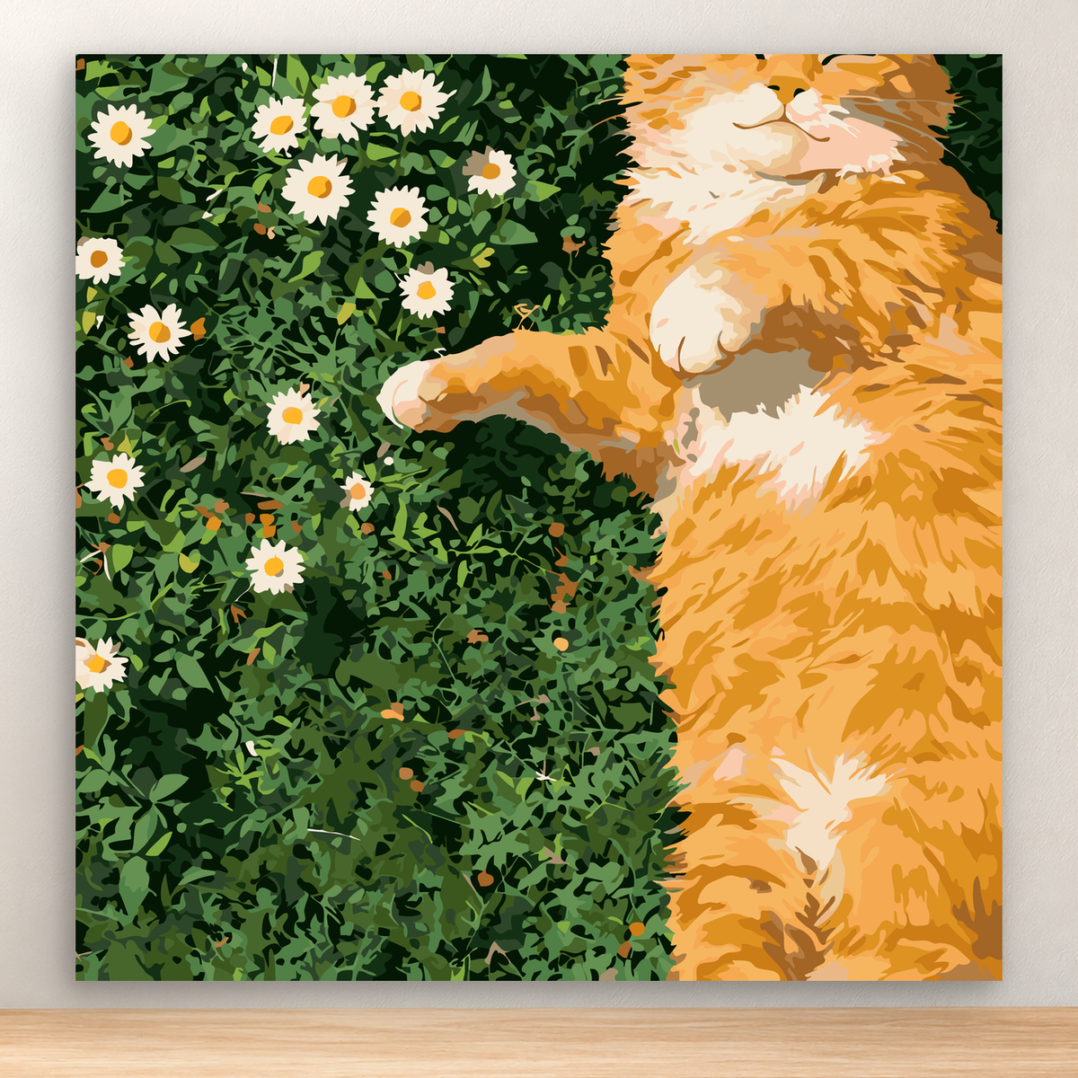 Fluffy orange tabby dozing among green foliage and white daisies, 20x20 cm