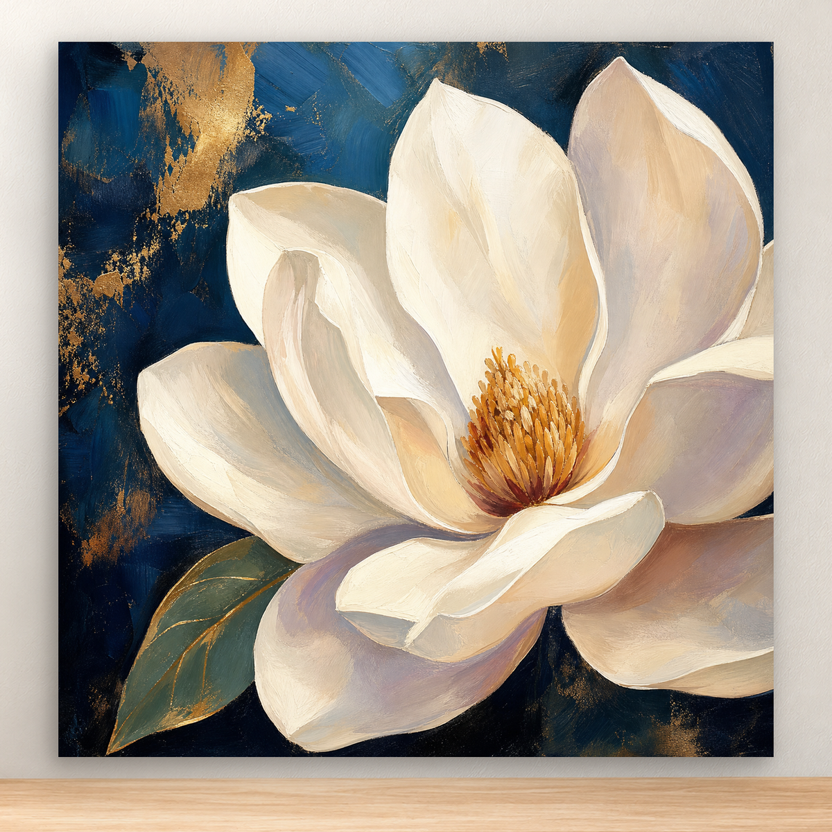 Painterly ivory magnolia with sculptural petals on a deep blue-green background, 20x20 cm