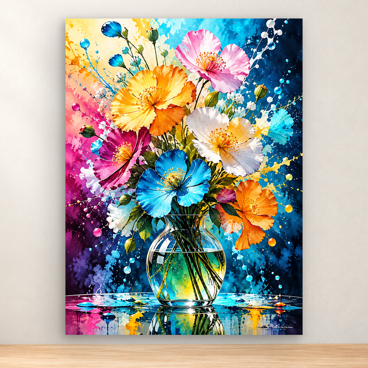 Colorful wildflower bouquet in a round glass vase against a splattered watercolor background, 30x40 cm