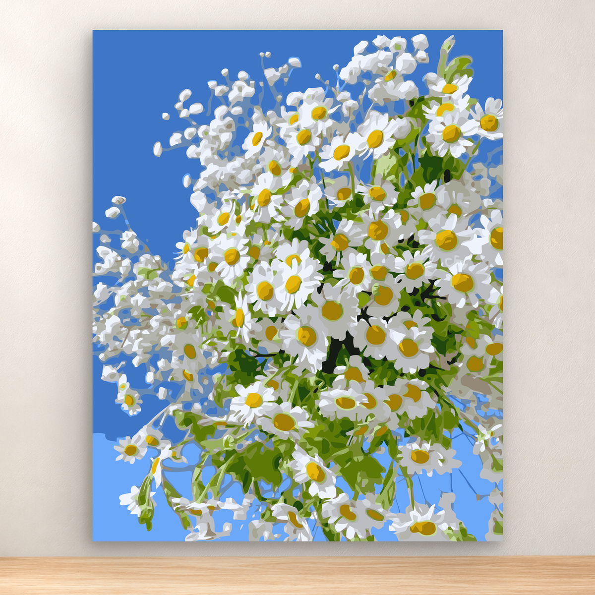 Dense bouquet of white daisies with yellow centers and green leaves on blue, 40x50 cm