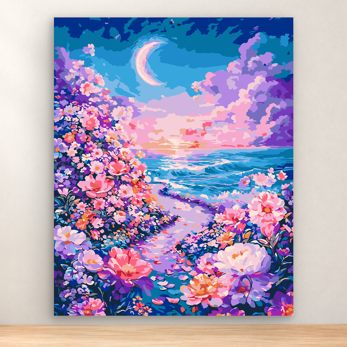 Crescent moon over a flower-framed ocean in a dreamy floral seascape, 40x50 cm