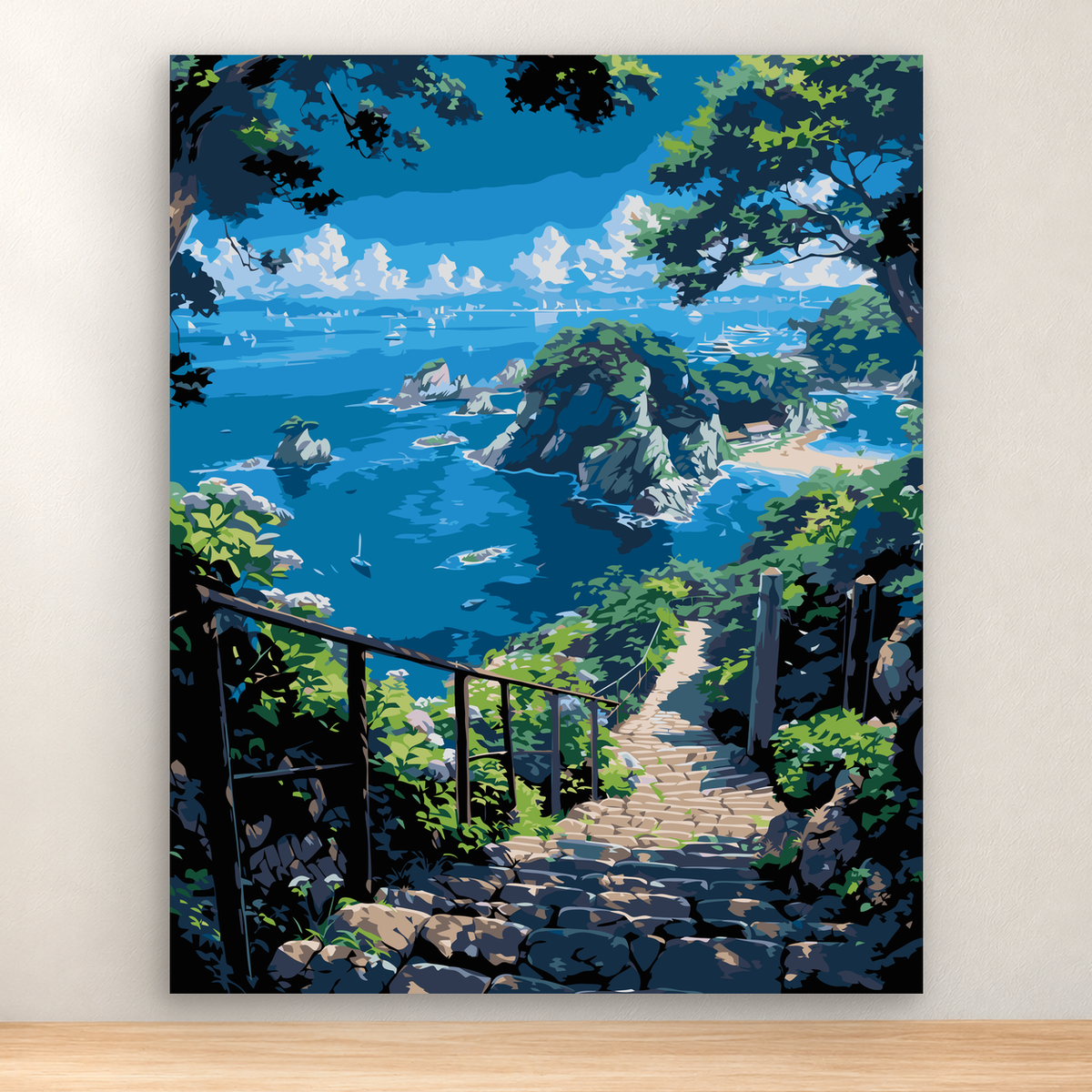 Rocky trail descending to a vivid blue mountain lake, mountains, and trees, 40x50 cm