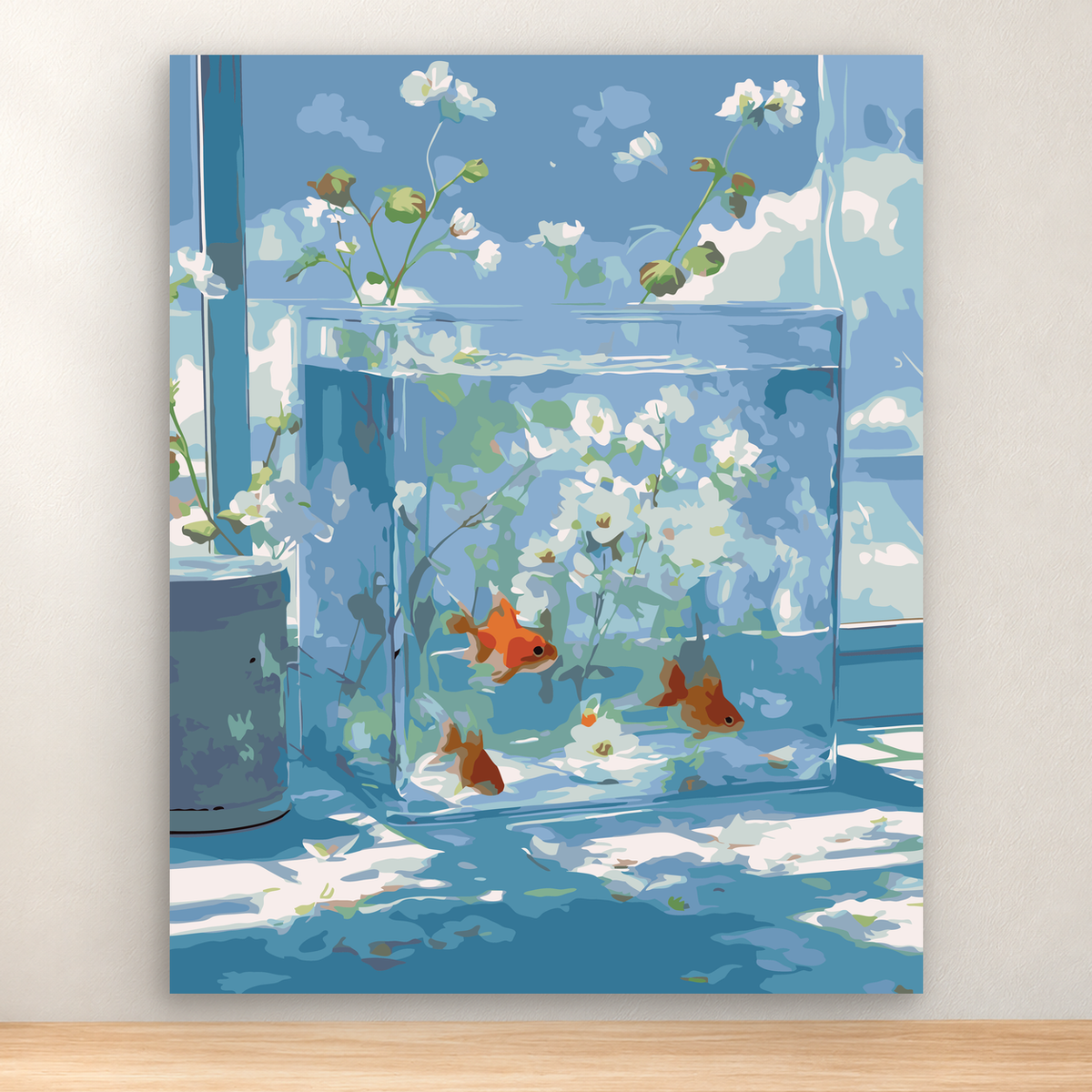Orange koi swimming among pale blossoms and foliage in a blue pond, 40x50 cm