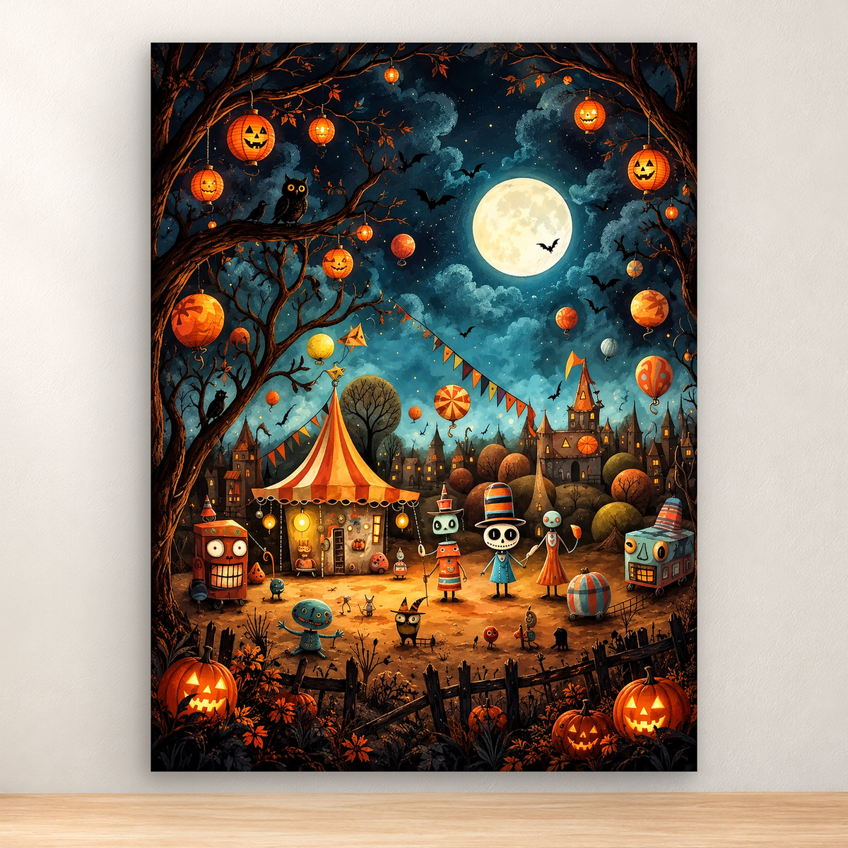 Whimsical Halloween carnival with friendly monsters, pumpkins, and a full moon, 30x40 cm