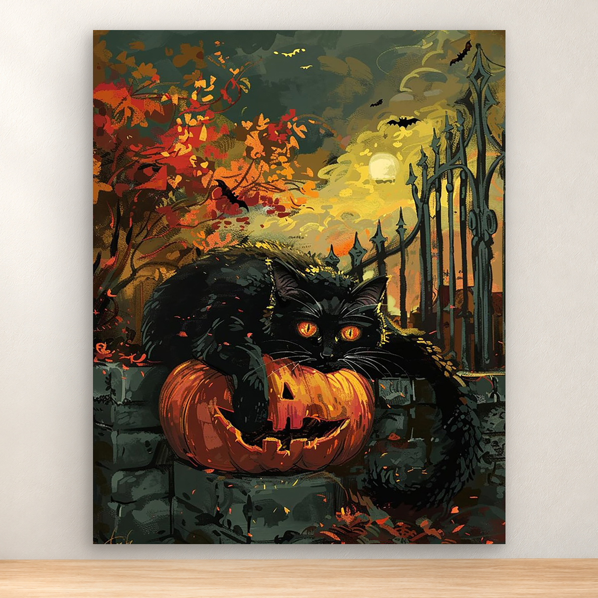 Black cat behind a jack-o'-lantern in a haunted garden with bats and castle, 40x50 cm