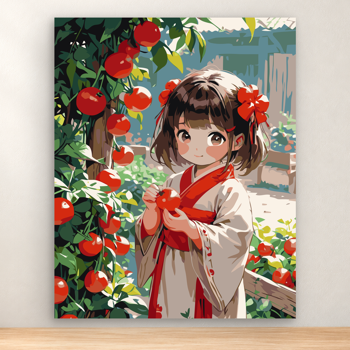 Young girl in a bonnet holding an apple among orchard trees, 40x50 cm