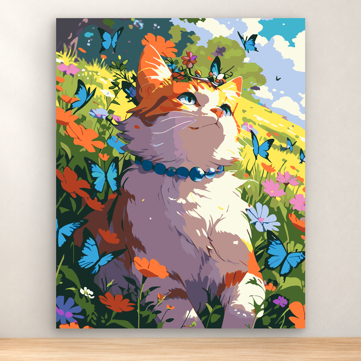 Calico cat among colorful flowers and blue butterflies in an enchanted garden, 40x50 cm