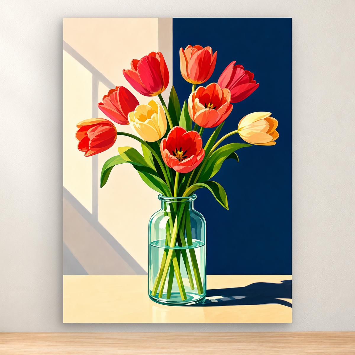 Vivid red and coral tulips in a clear glass bottle against a two-tone background, 30x40 cm