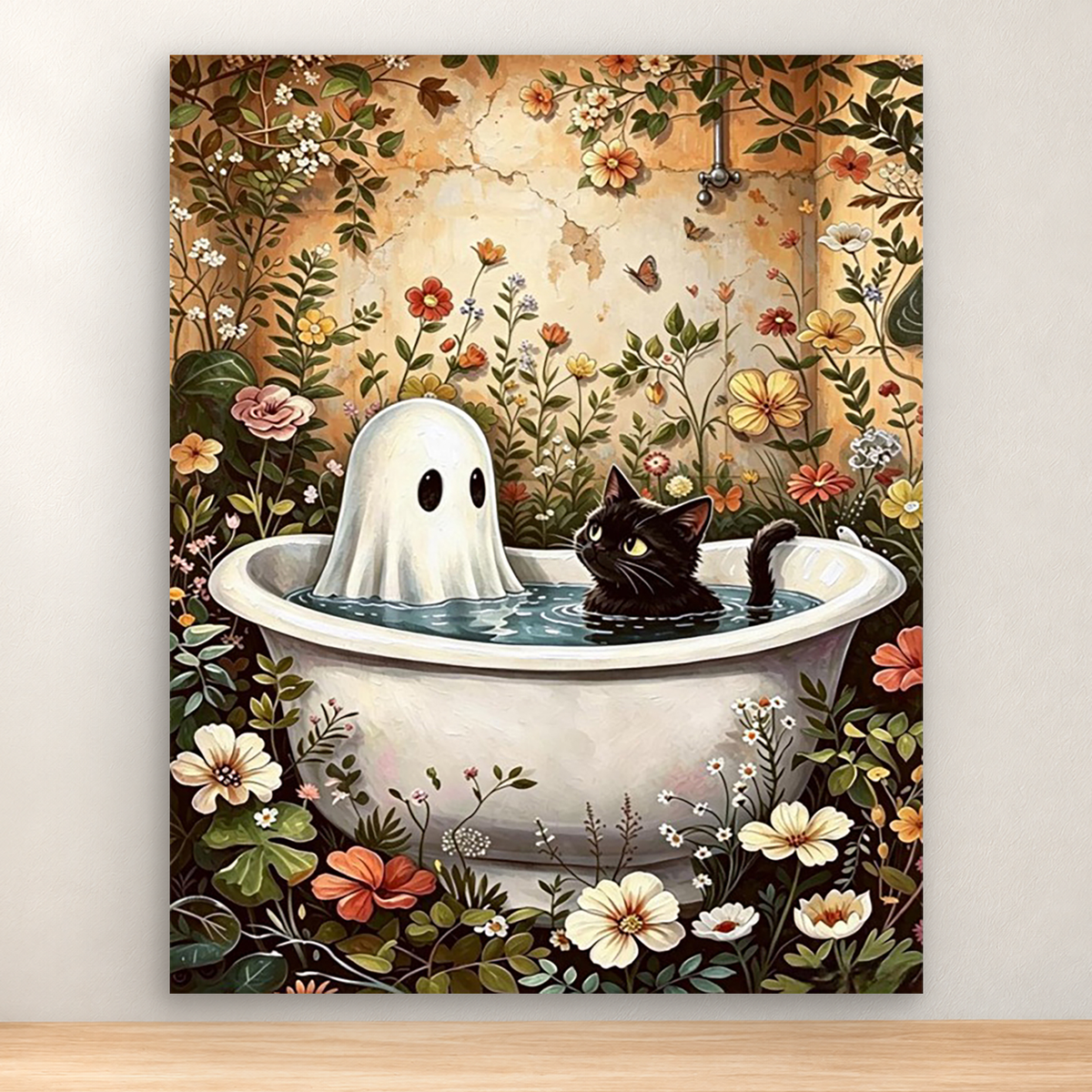 White ghost and black cat in a flower-filled vintage bathtub, 40x50 cm