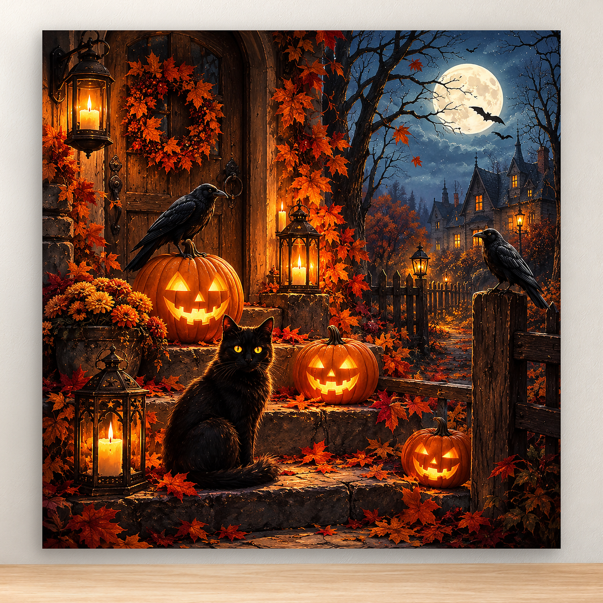 Black cat with pumpkins and ravens in a moonlit Halloween courtyard, 20x20 cm
