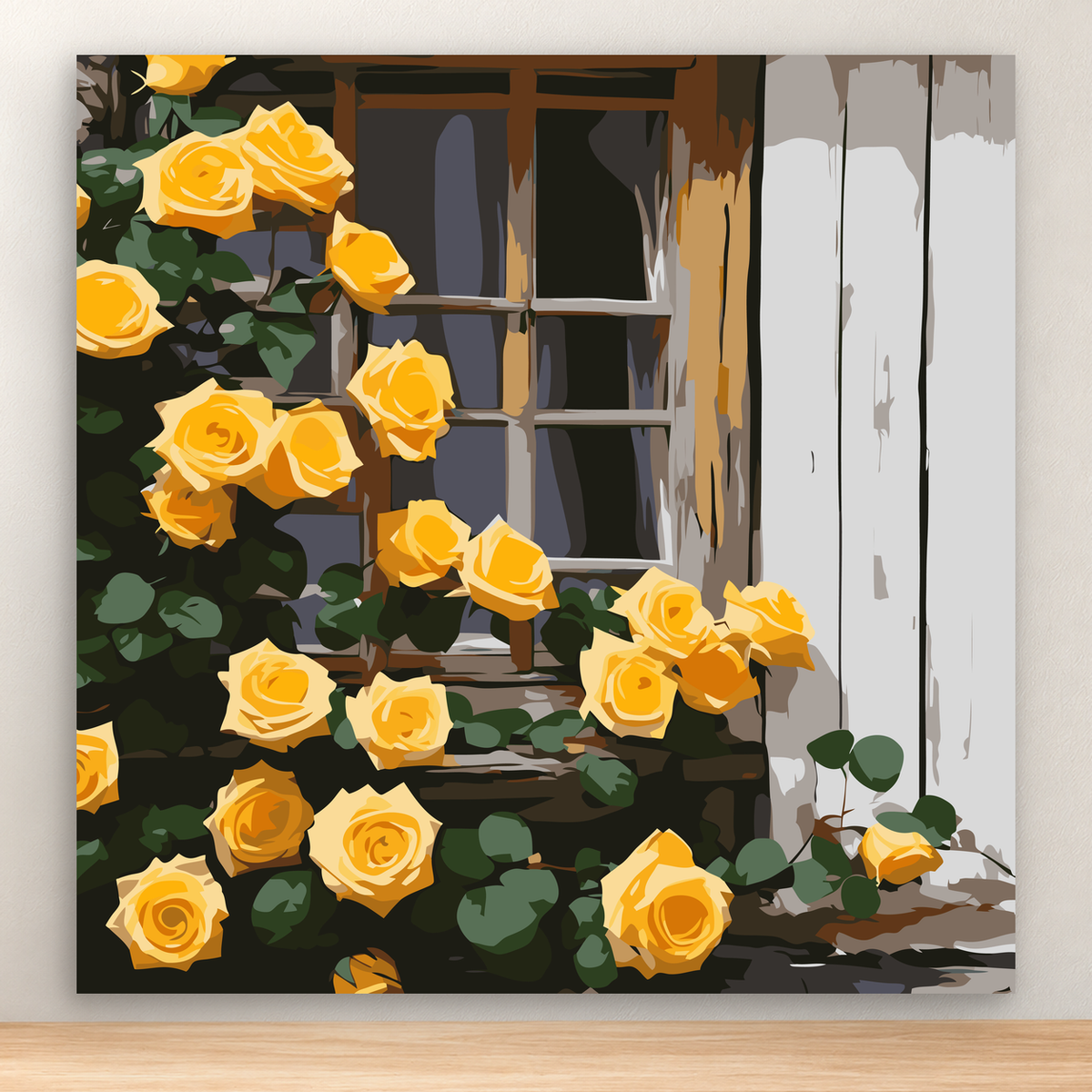 Golden yellow roses and dark green foliage against a rustic wooden window, 20x20 cm