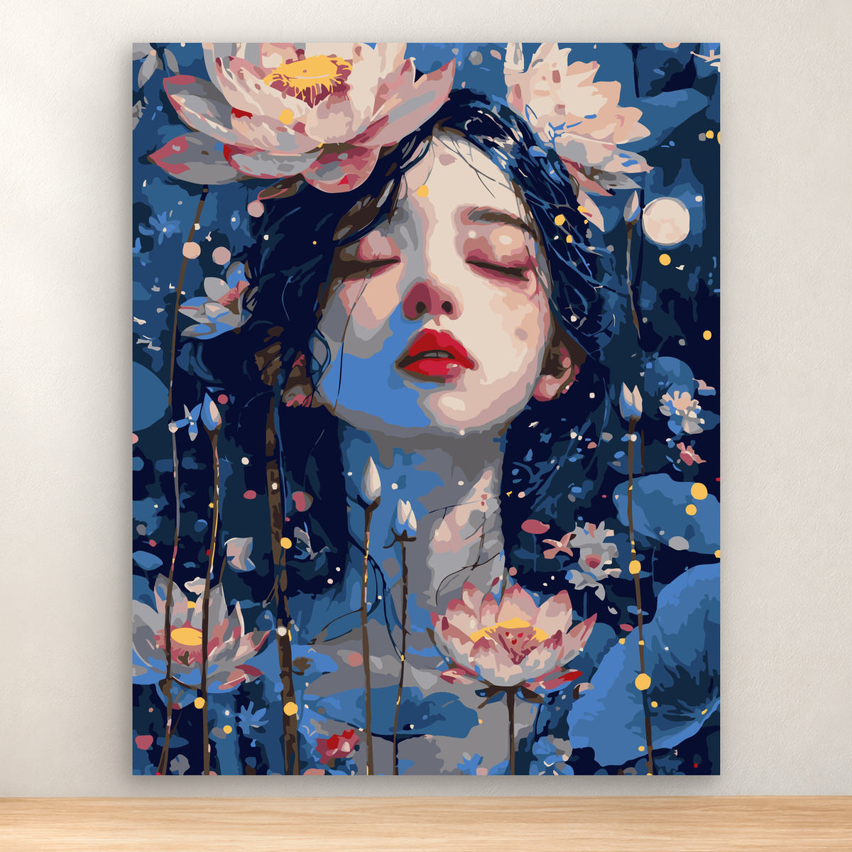 Serene woman's face surrounded by pink and cream lotus flowers in a blue botanical setting, 40x50 cm