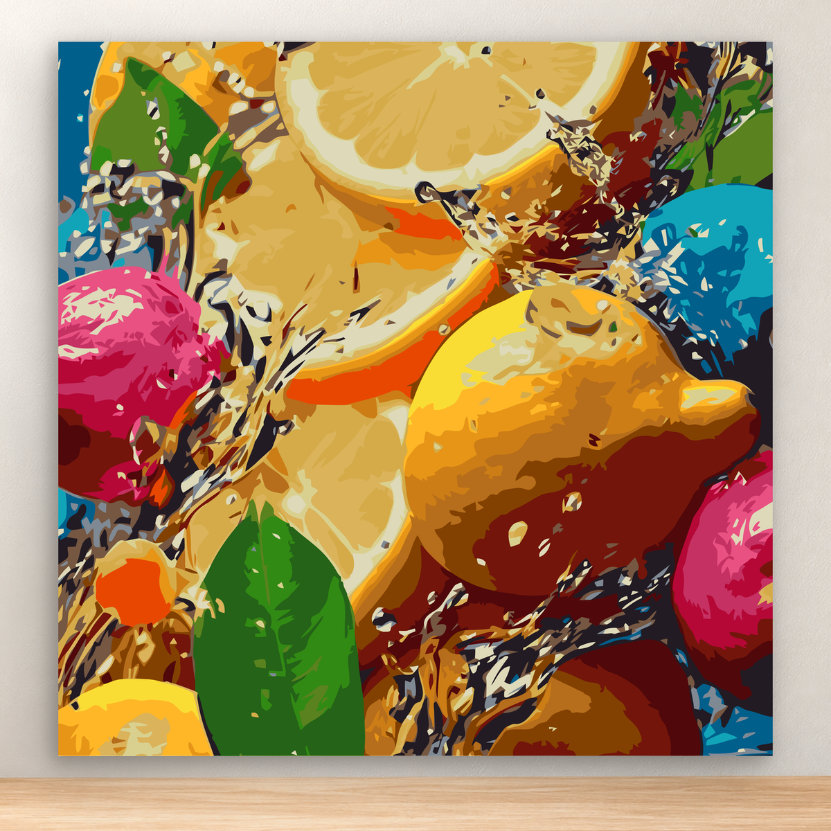 Mosaic-style citrus still life with sliced fruit, leaves, and vivid colors, 20x20 cm