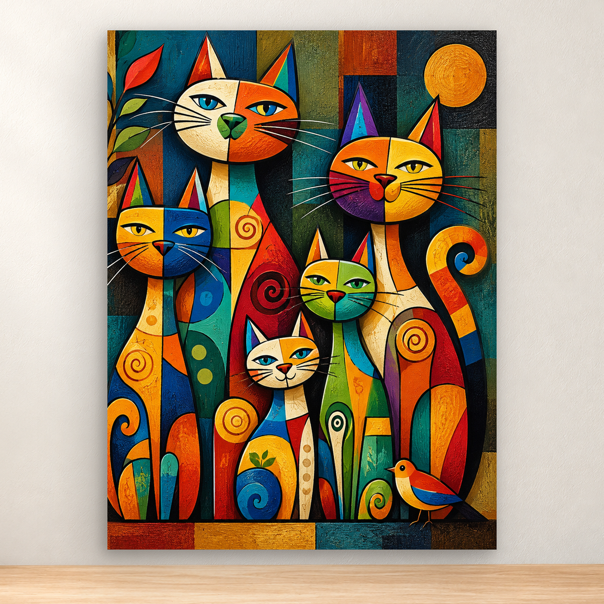 Whimsical geometric artwork of colorful stylized cats with a bird, 30x40 cm