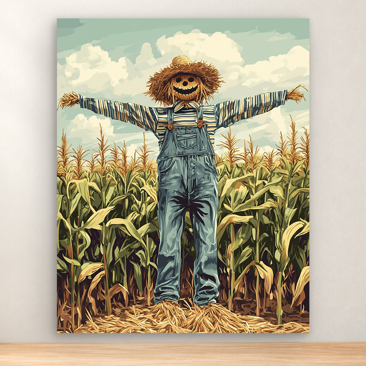 Smiling scarecrow among golden corn stalks beneath a cloudy sky, 40x50 cm