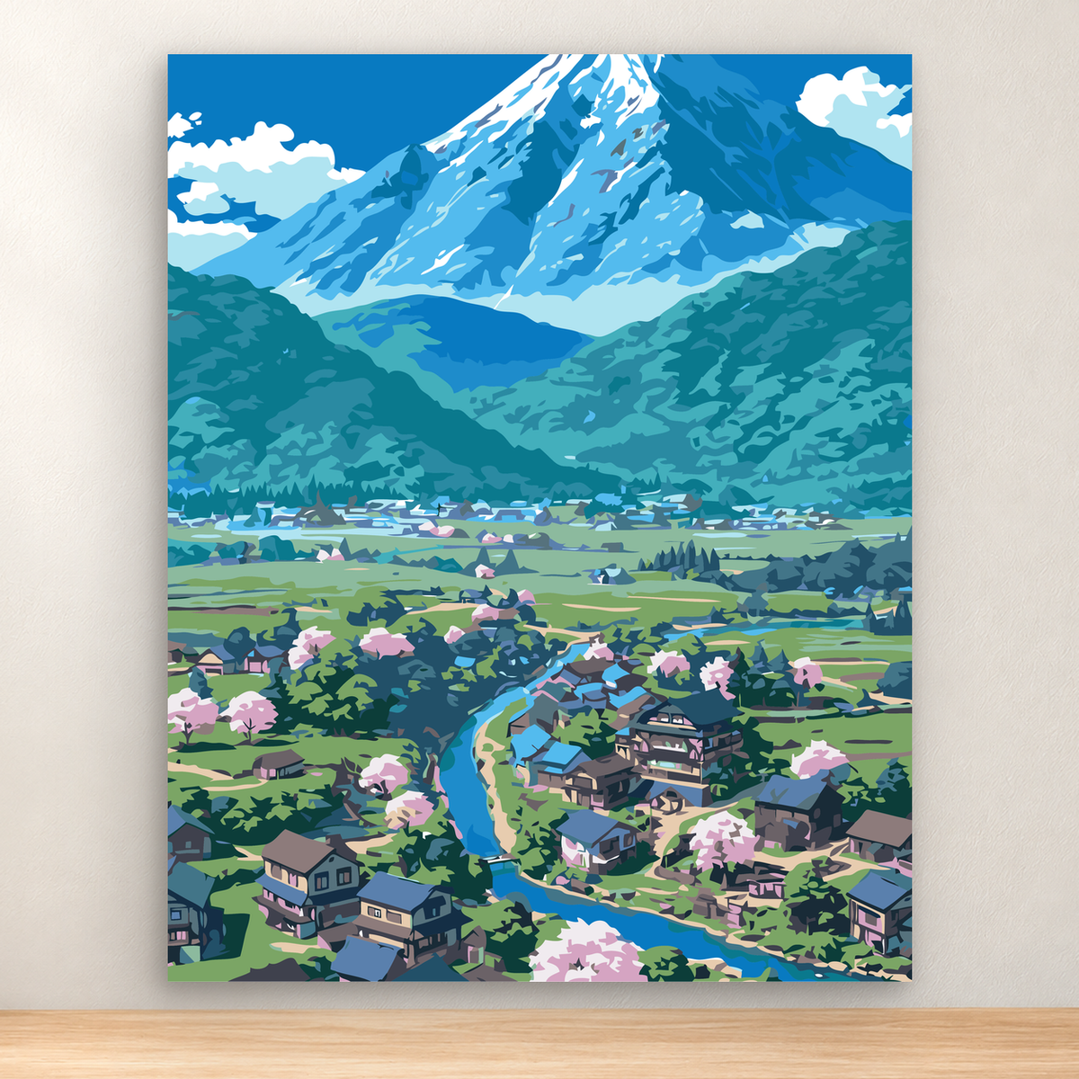 Graphic alpine village beneath a snow-capped mountain with river and pink trees, 40x50 cm