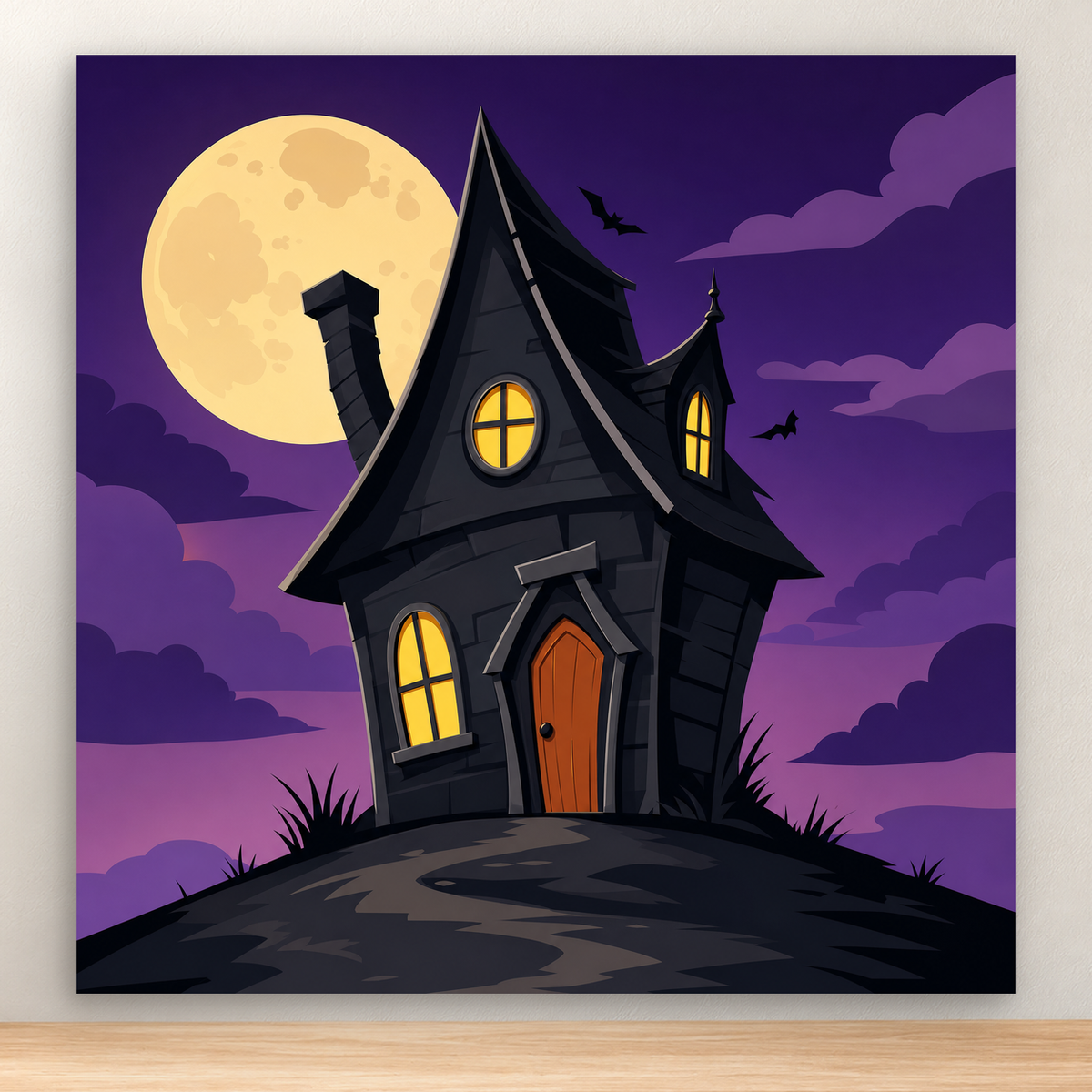 Crooked haunted house with glowing windows beneath a purple Halloween sky, 20x20 cm