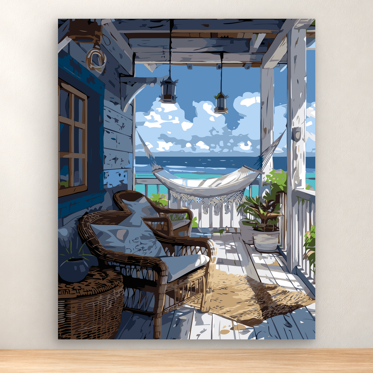 Rustic porch with hammock, chairs, greenery, and blue water, 40x50 cm