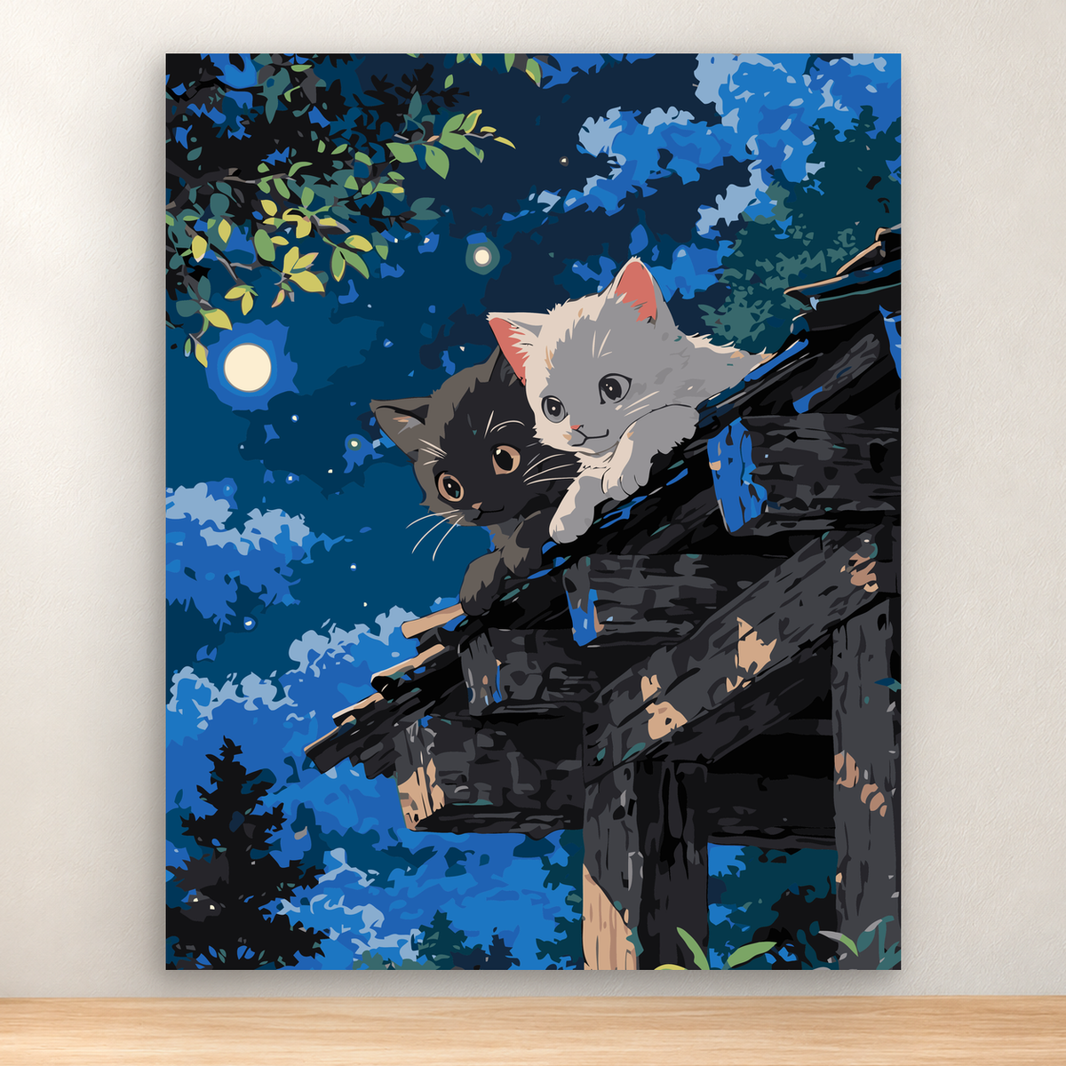 Two kittens resting on a rugged branch beneath a blue moonlit canopy, 40 x 50 cm