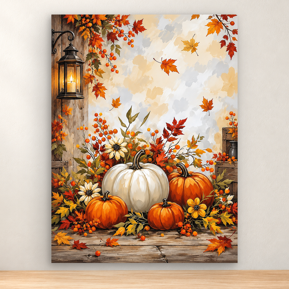 White and orange pumpkins with autumn foliage and a glowing lantern, 30x40 cm