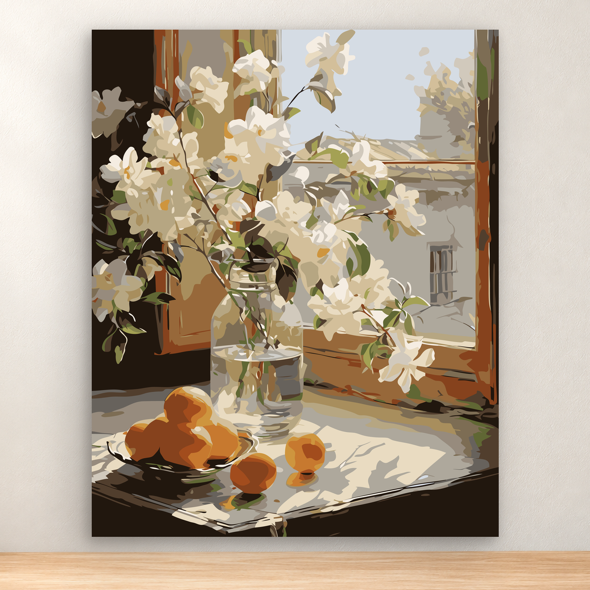 White blossoms in a glass vase beside a rustic window with orange fruit, 40x50 cm