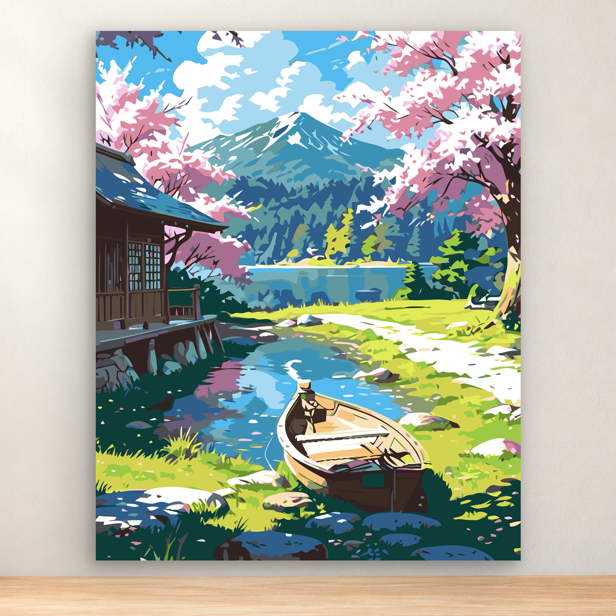 Mountain lake with rowboat, cabin, flowering trees, and snow-capped peaks, 40x50 cm