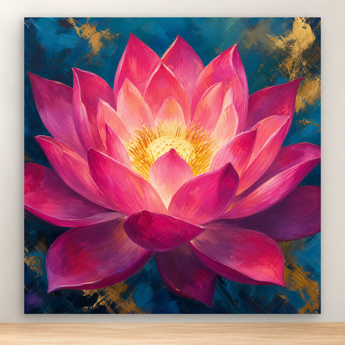 Open magenta lotus with layered petals on a deep blue-green background, 20x20 cm