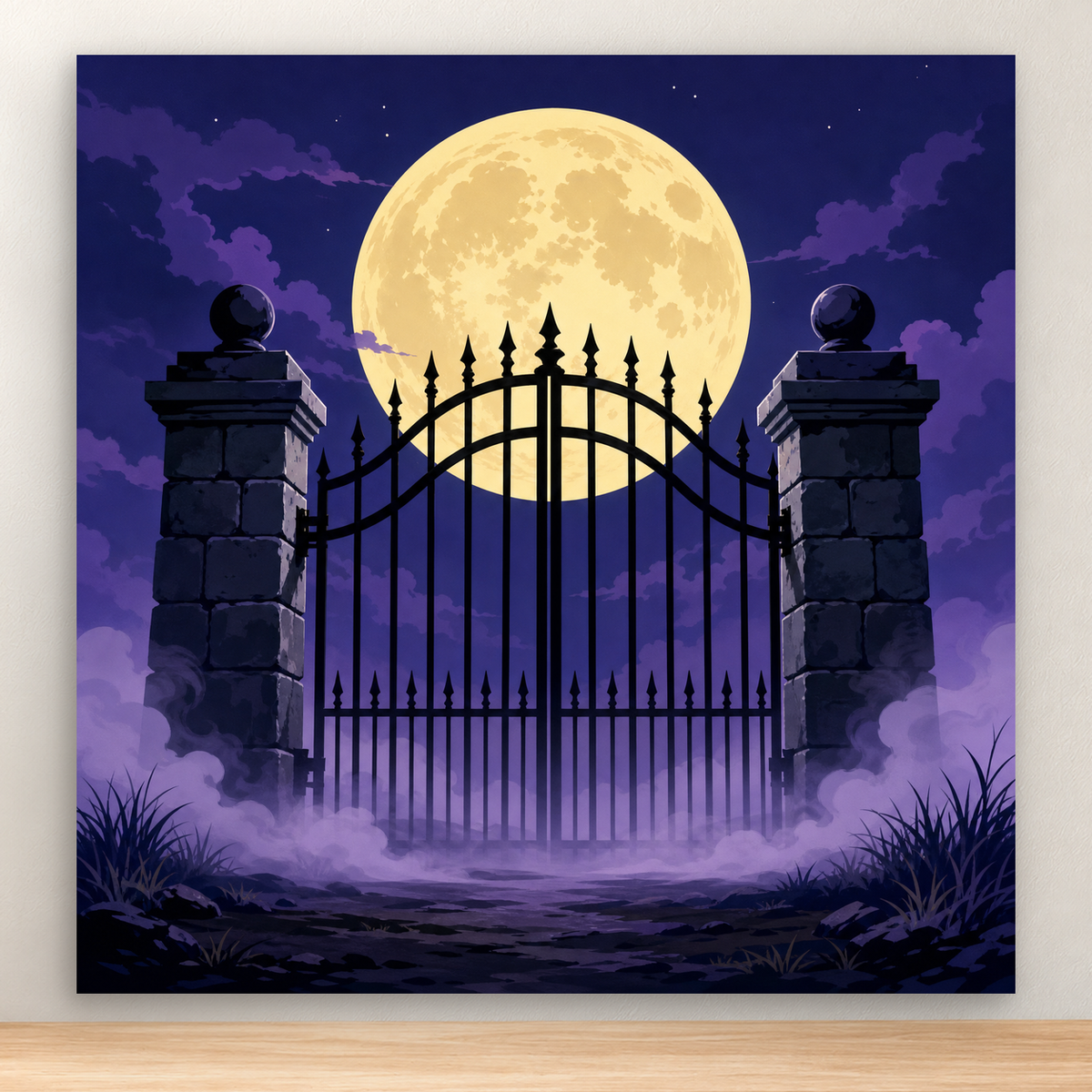 Foggy Halloween graveyard gate with moon, stone posts, and mist, 20x20 cm