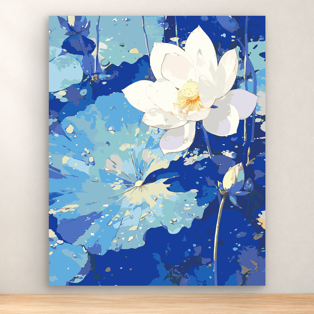 Large white lotus with a pale yellow center in blue garden foliage, 40x50 cm