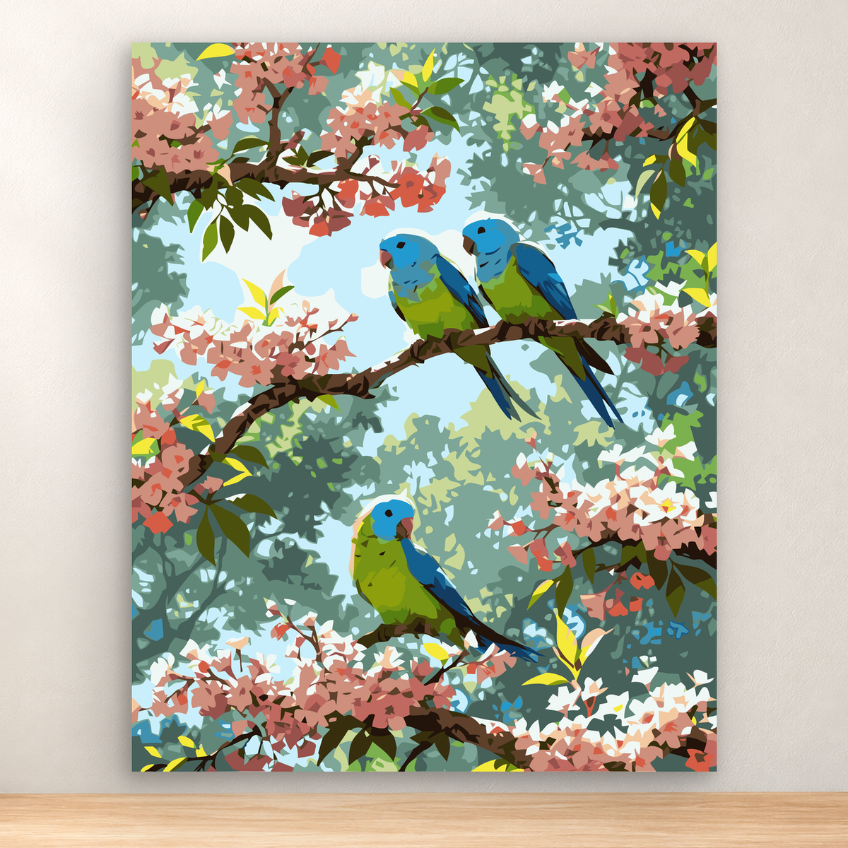 Three blue-green parrots perched among colorful flowering branches, 40x50 cm