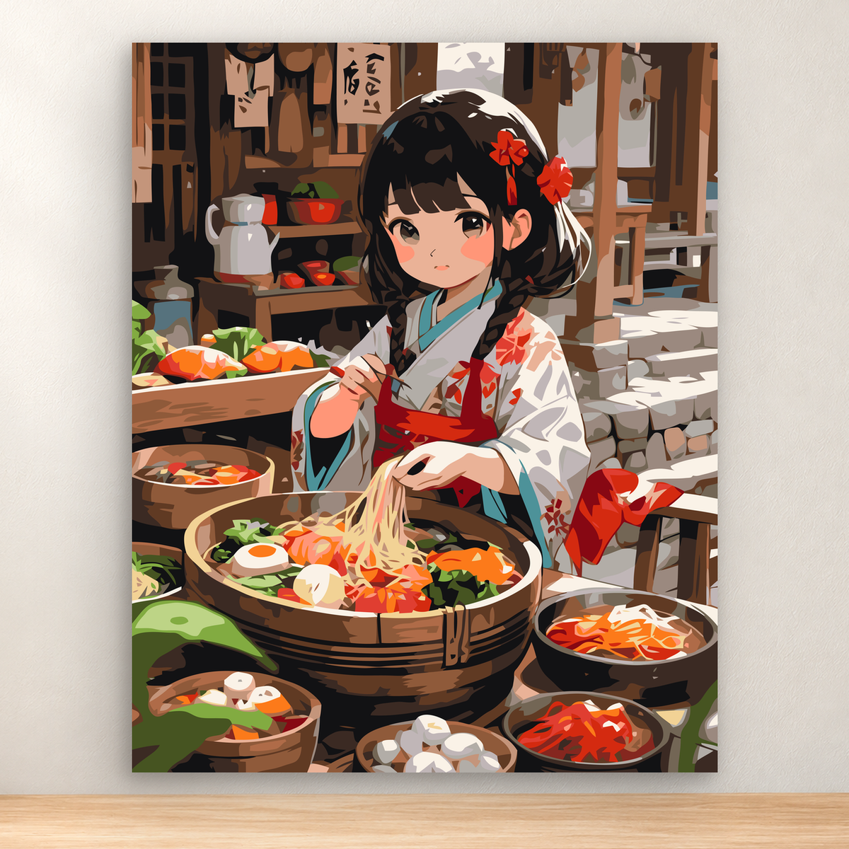 Young woman preparing noodles at a colorful Japanese market stall, 40x50 cm
