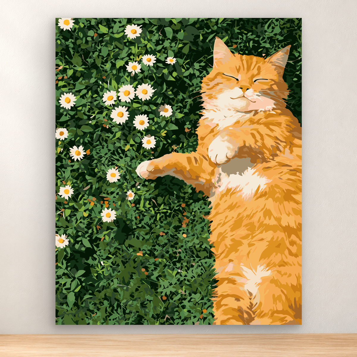 Fluffy orange tabby napping among green foliage and white daisies, 40x50 cm