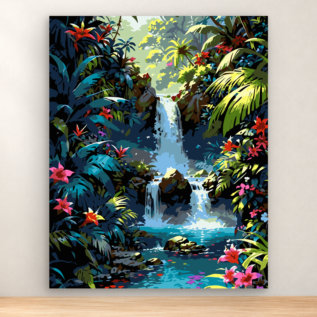Multi-tiered tropical waterfall through lush foliage with vivid flowers and a reflective pool, 40x50 cm