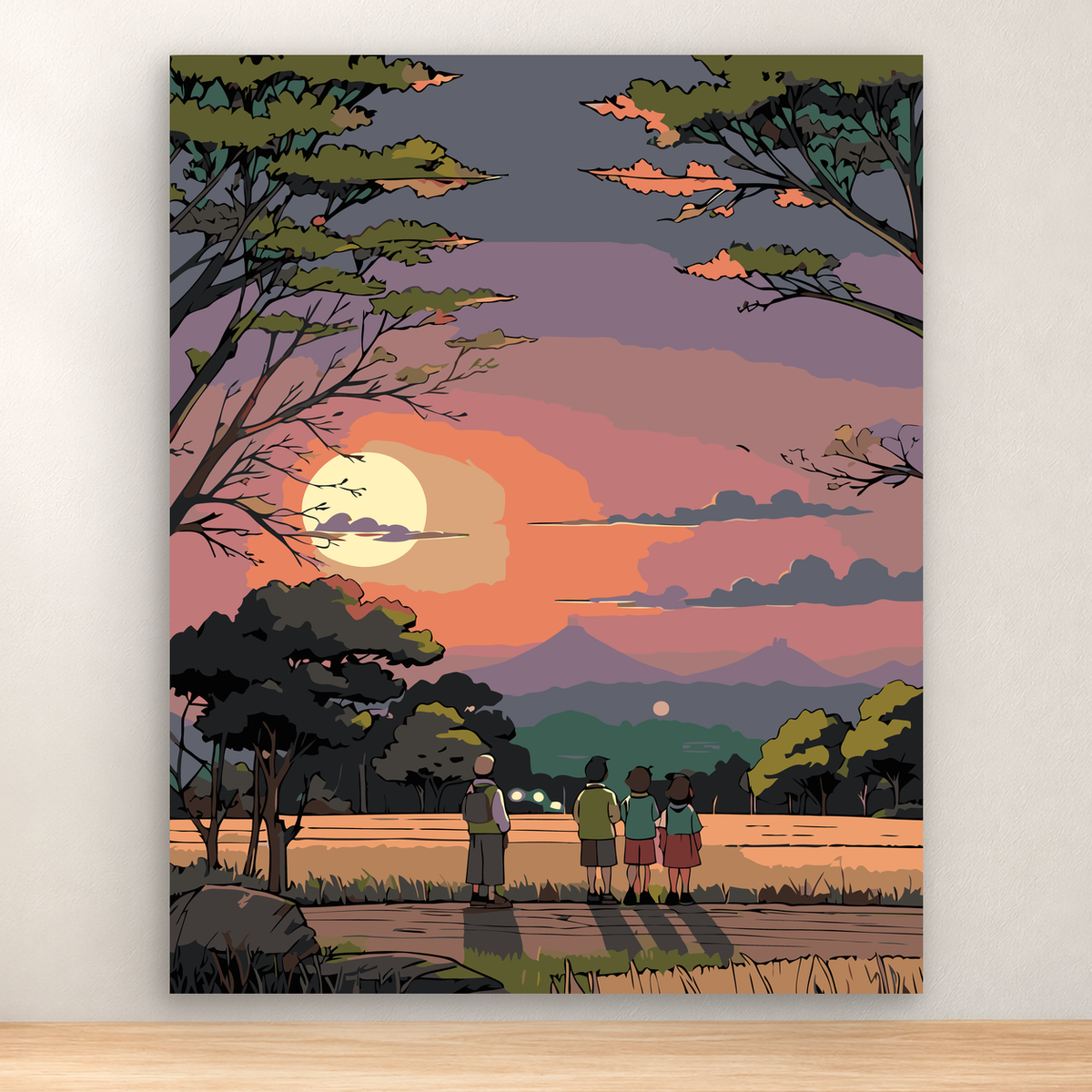 Four children watch a coral sunset over mountains and reflective water, framed by trees, 40x50 cm