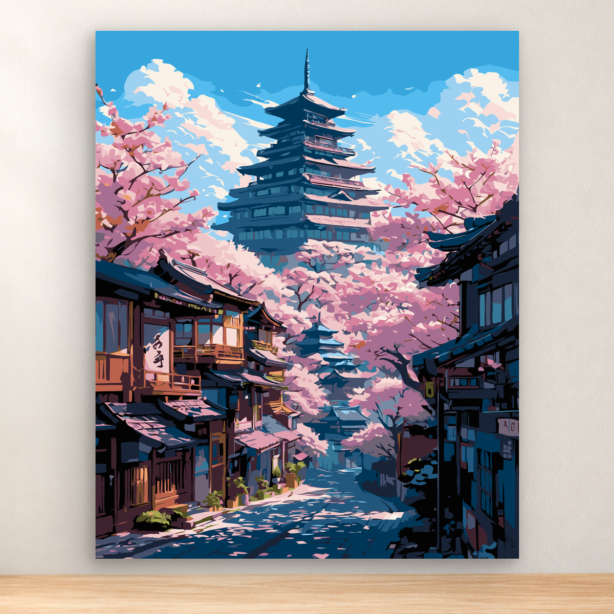 Japanese pagoda above a cherry blossom village street, 40x50 cm