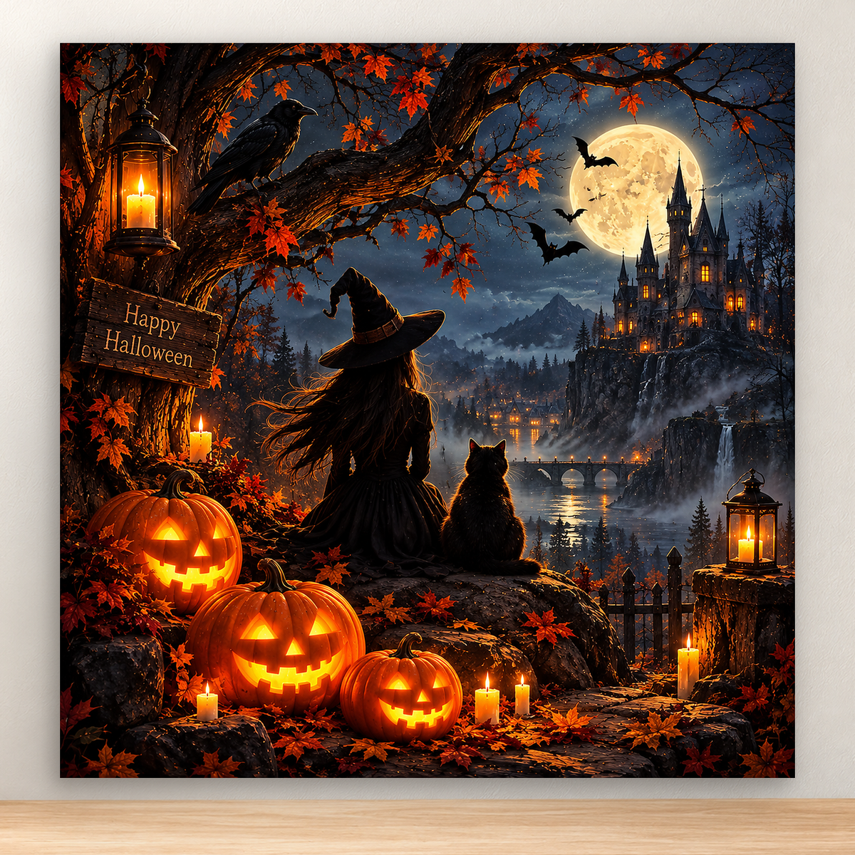 Witch and black cat beneath a tree overlooking a moonlit castle valley, 20x20 cm