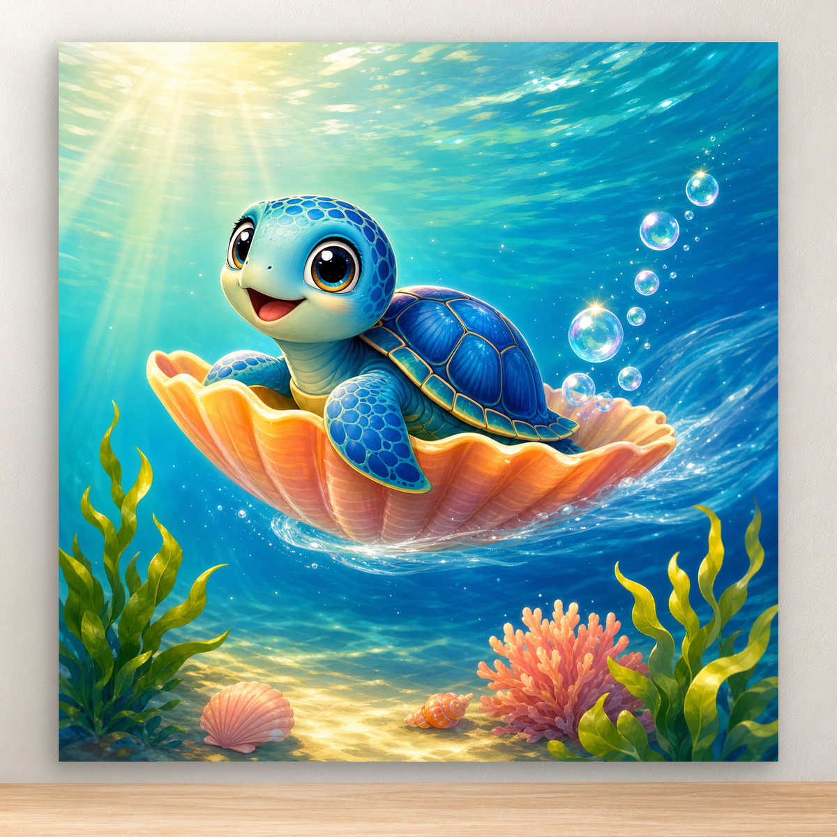 Blue-green sea turtle riding a shell boat through turquoise water, 20x20 cm