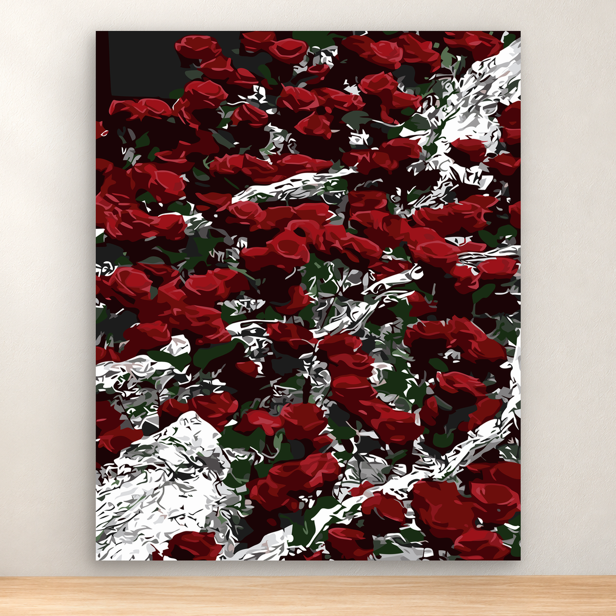 Dense crimson roses with white blooms and dark green foliage, 40x50 cm