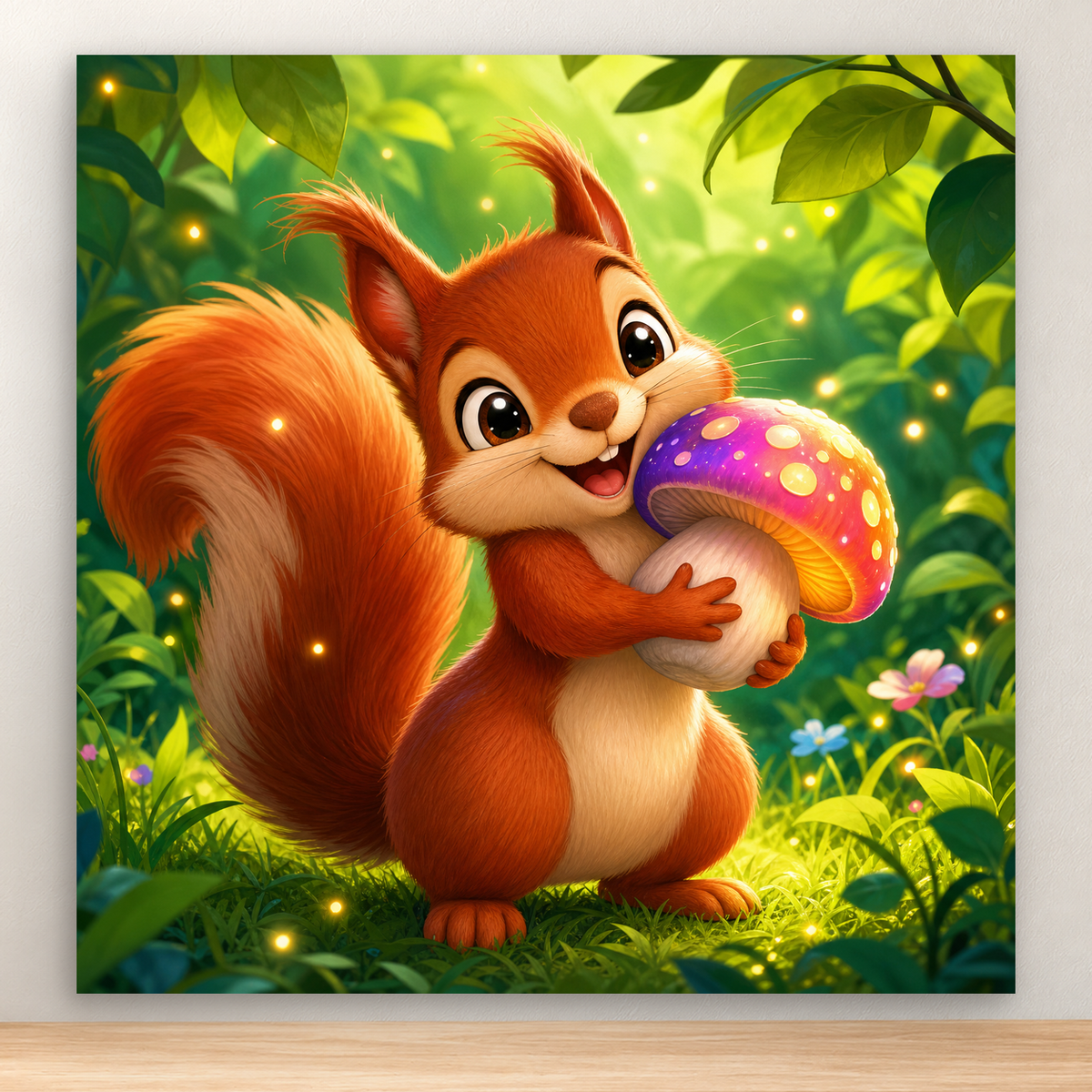 Red squirrel hugging a colorful glowing mushroom in a green forest meadow, 20x20 cm artwork.