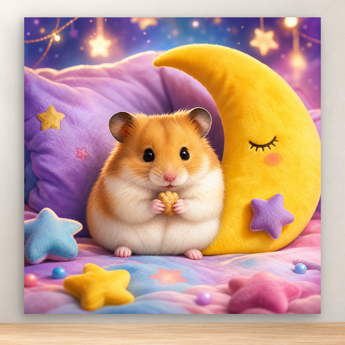 Cute golden-brown hamster holding a snack beside a crescent cushion, 20x20 cm
