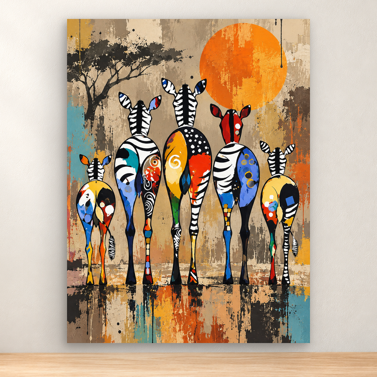 Stylized zebra group beneath an orange sun and tree on a colorful 30x40 cm artwork