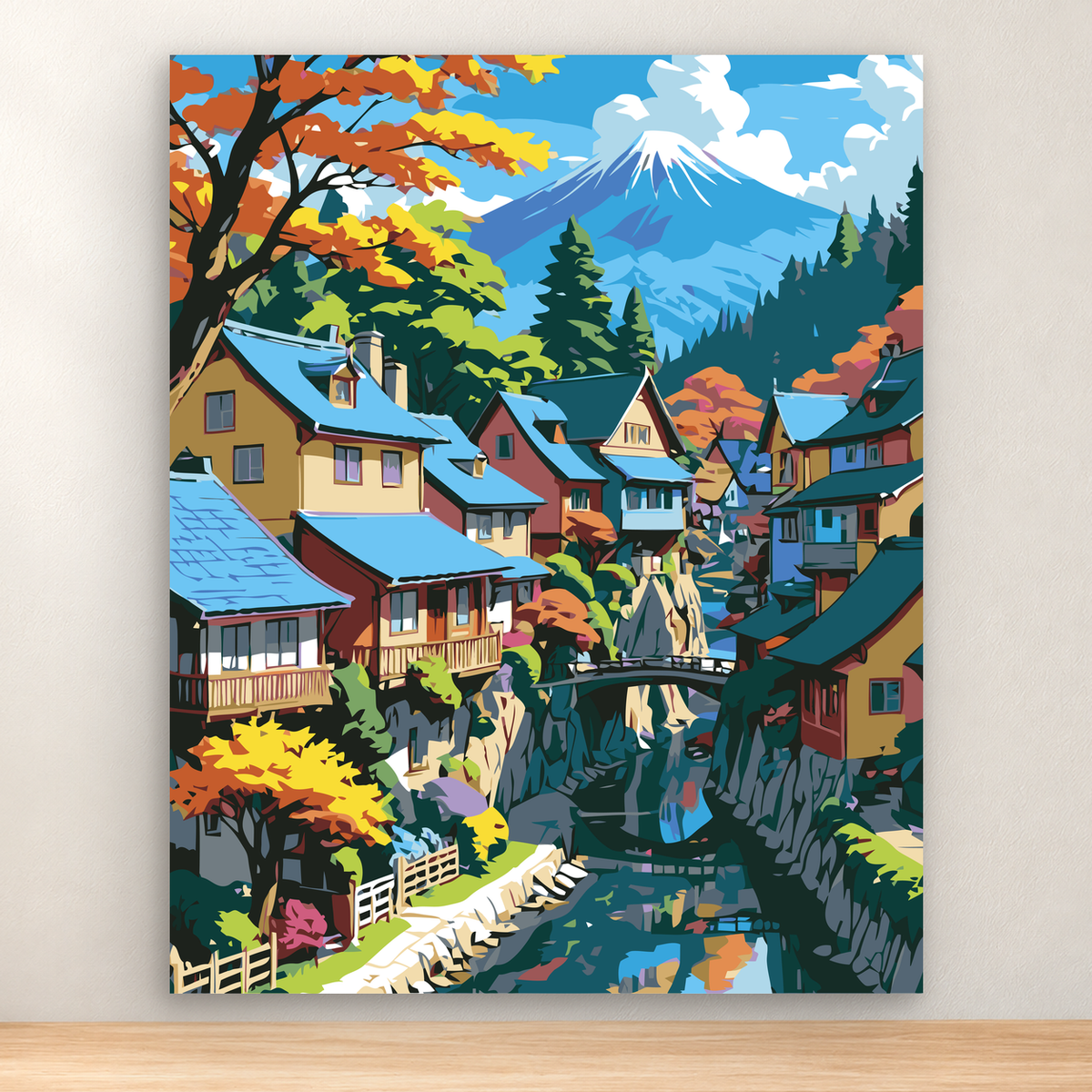 Colorful autumn mountain village beneath a snow-capped peak, 40x50 cm