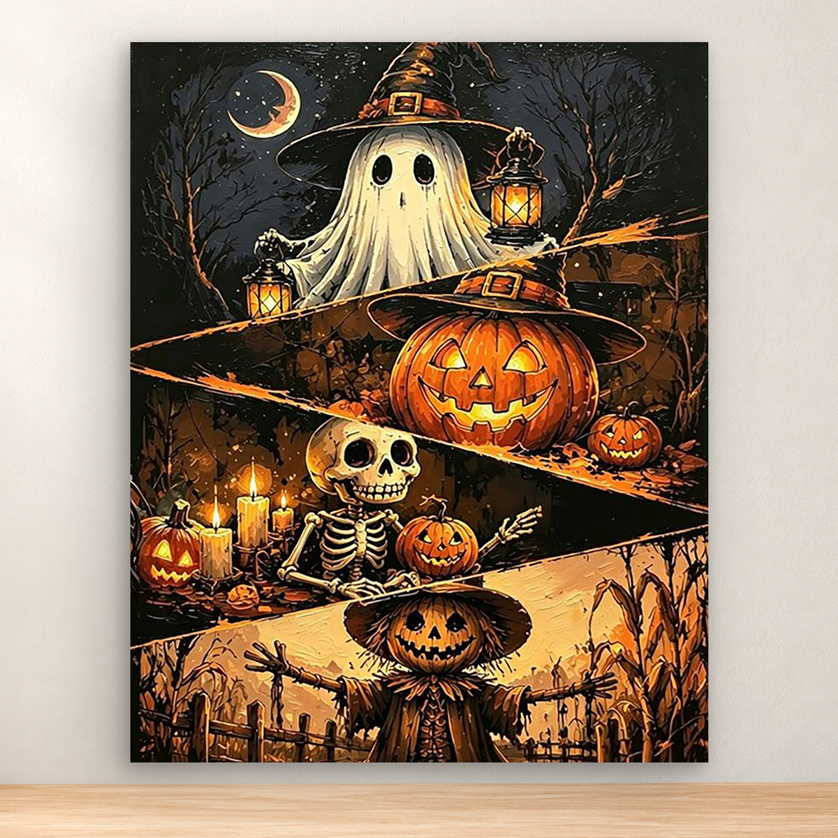 Haunted Halloween scene with ghost, jack-o'-lanterns, skeleton, moon, and autumn fields, 40x50 cm