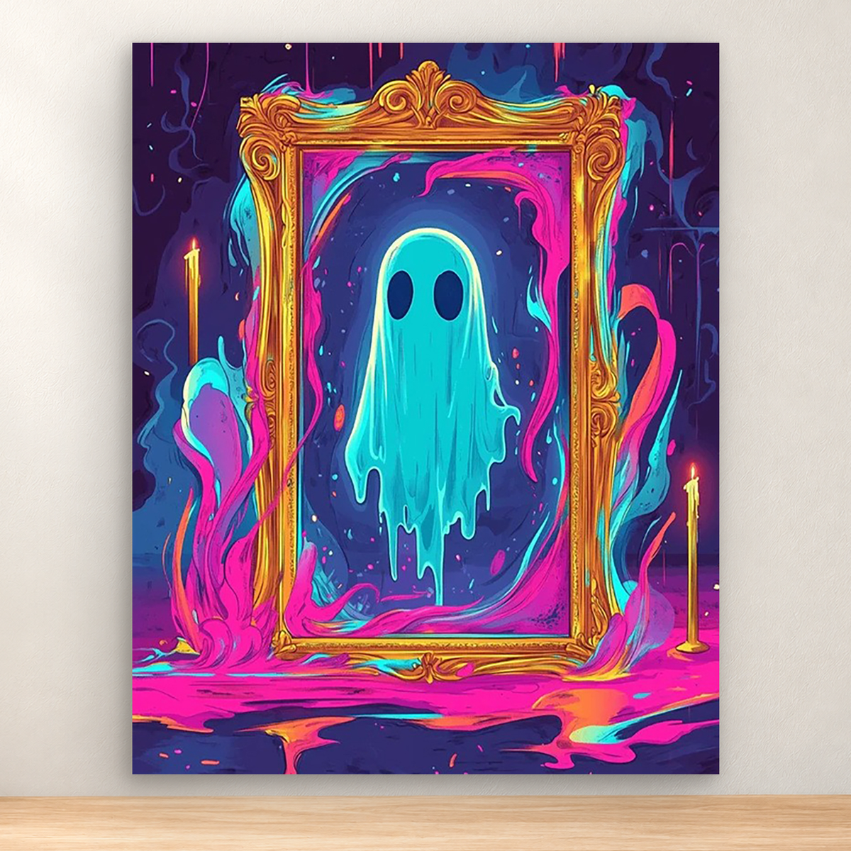Glowing turquoise ghost in an ornate golden frame with candles and neon swirls, 40x50 cm