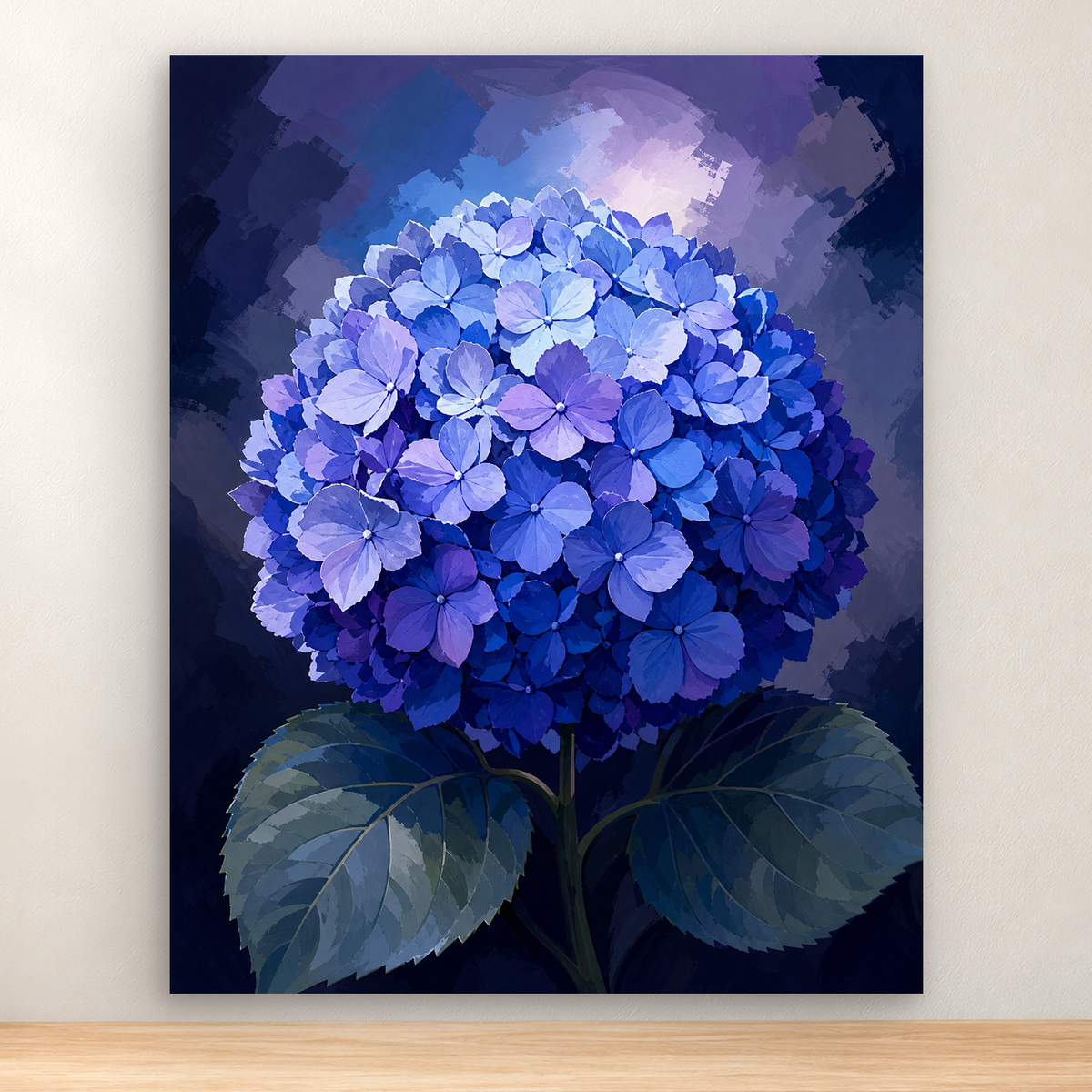 Luminous blue hydrangea globe against a dusky backdrop, 40x50 cm