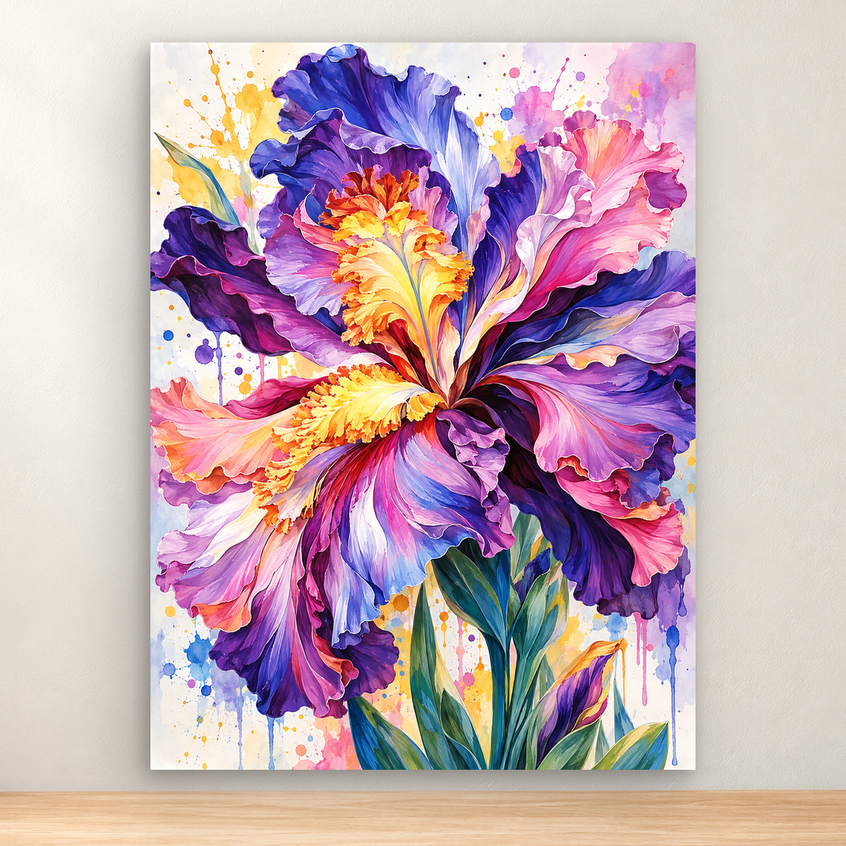 Oversized multicolored iris blossoms with green leaves and paint splashes, 30x40 cm