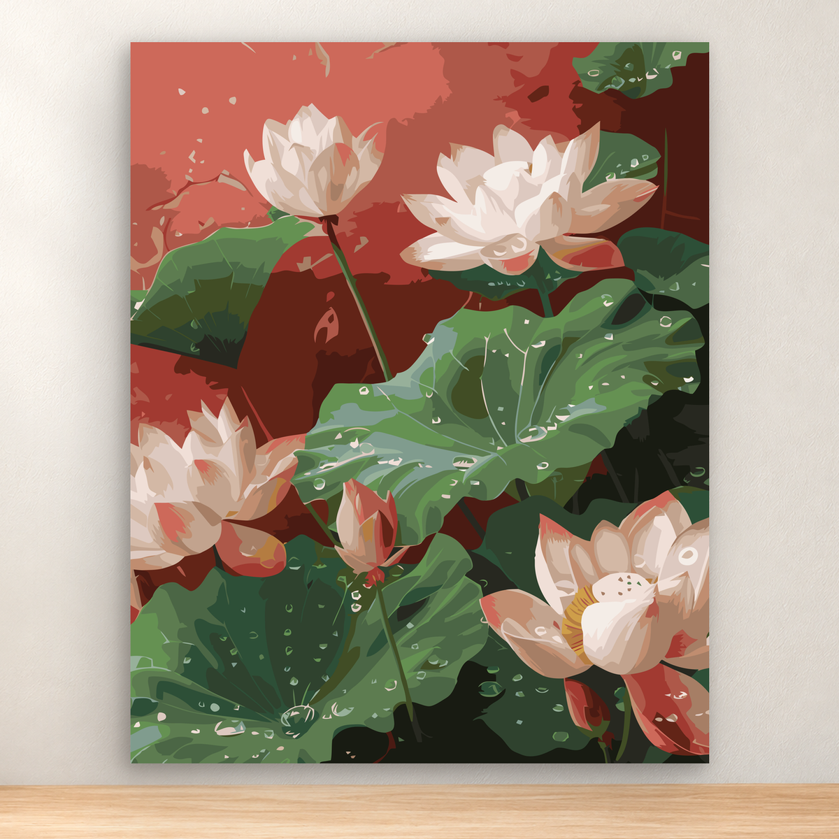 White and blush lotus flowers among layered green lily pads in a 40x50 cm pond design