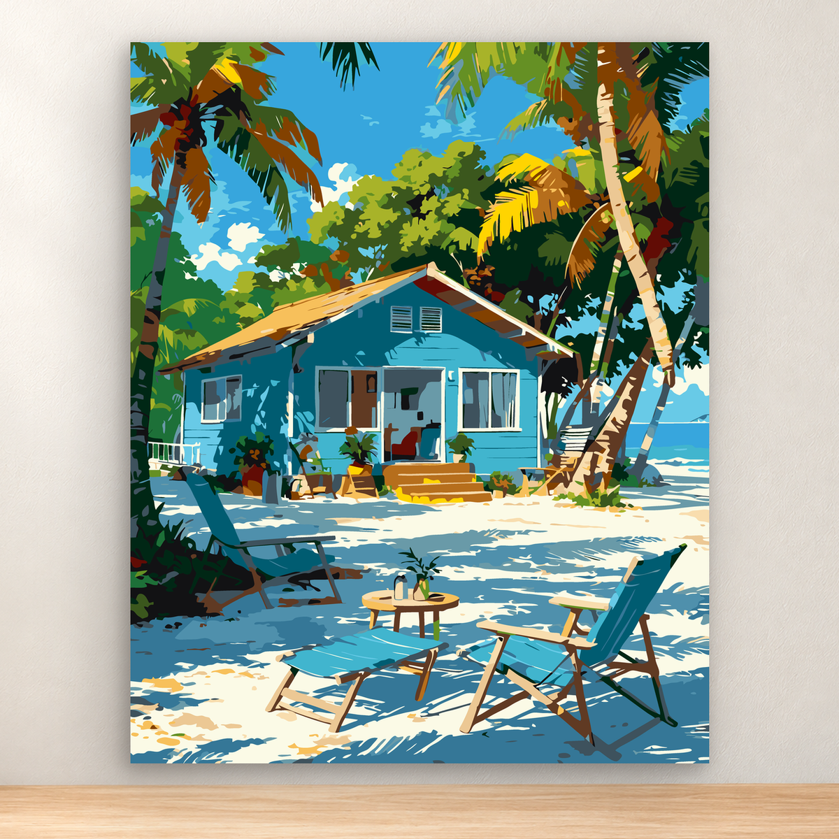 Blue tropical beach bungalow among palms beside calm water, 40x50 cm