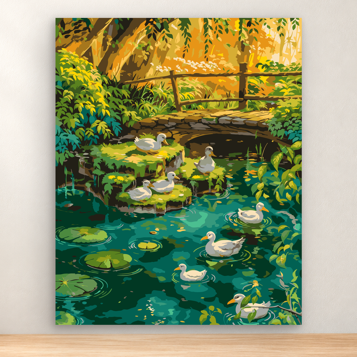 White and gray ducks on a lush woodland pond with lily pads, 40x50 cm